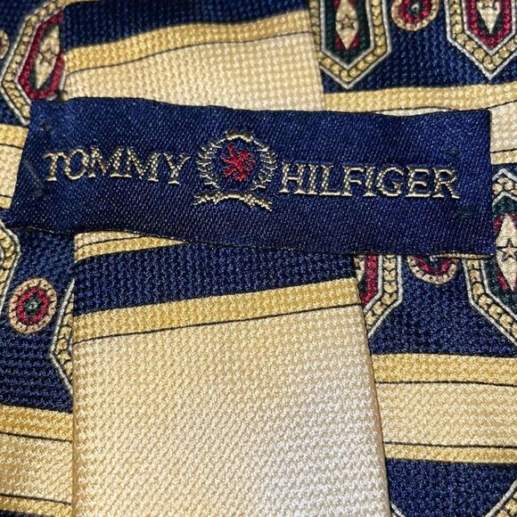 Vtg 90s Tommy Hilfiger yellow & navy blue paisley striped silk tie - Picture 5 of 6